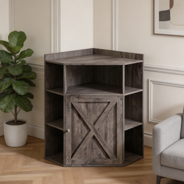 6 Cubby Corner Cabinet with USB Ports Rustic Grey